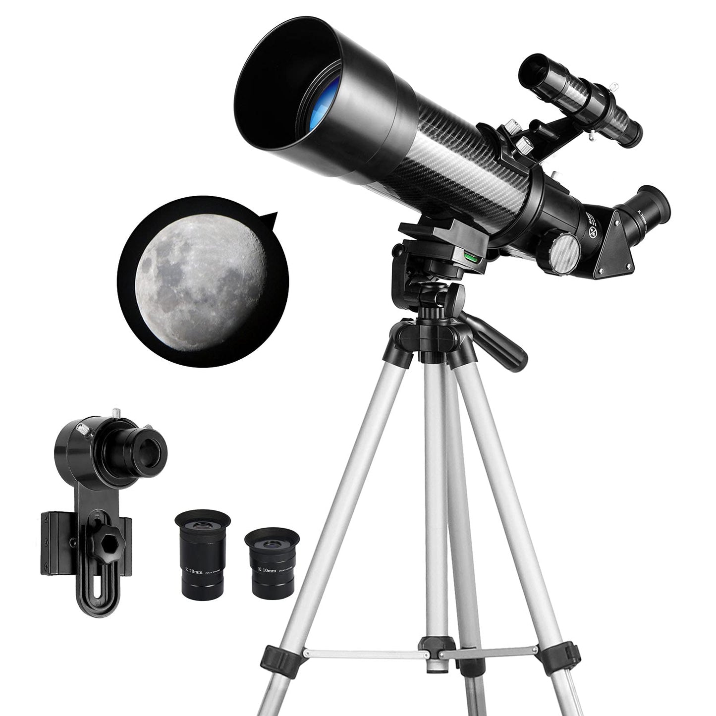 Refractor Telescope, Black, 70mm Aperture 400mm AZ Mount, Smartphone Adapter with 1.5X Barlow Lens and Adjustable Tripod